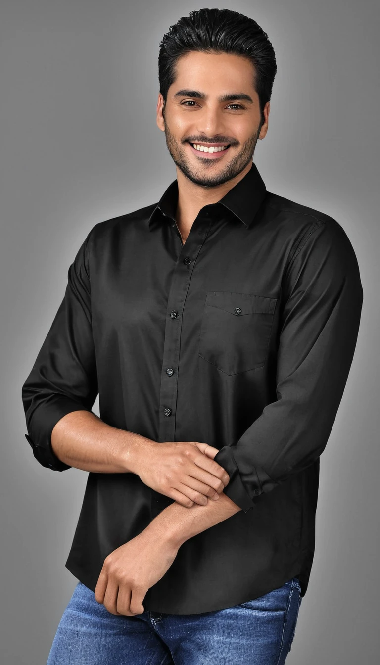 Crie uma imagem de um homem vestindo uma camisa preta. O fundo deve ser neutro para destacar o homem e a camisa."
Exemplo de Prompt mais detalhado para IA de imagem:
"Gerar uma imagem realista de um homem usando uma camisa preta. The man must have a friendly and casual expression, with a relaxed posture. O fundo da imagem deve ser simples e neutro, para que o foco principal seja no homem e no logo da camisa.