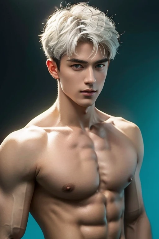 4k, high resolution, best quality, masterpiece, perfect color, perfect shade, perfect lighting, Posted by e621, ((portrait)), ((handsome man)), perfect male figure, Short hair details，chest muscles，abdominal muscles，Naked torso，Detailed face, perfect face, (stood up), Detailed magic circle background, ((Bonifasco Lighting)), (delica),white hair. Zodiac Prince: pieces, wearing light green 