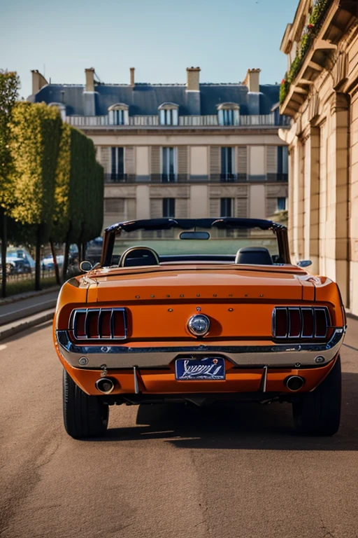 1969 ford mustang convertible, burnt orange with grey racing stripes, back drop daybreak in paris France