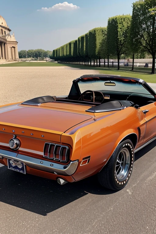 1969 ford mustang convertible, burnt orange with grey racing stripes, back drop daybreak in paris France 