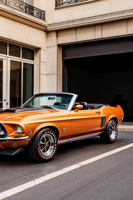 1969 ford mustang convertible, burnt orange with grey racing stripes, back drop daybreak in paris France 