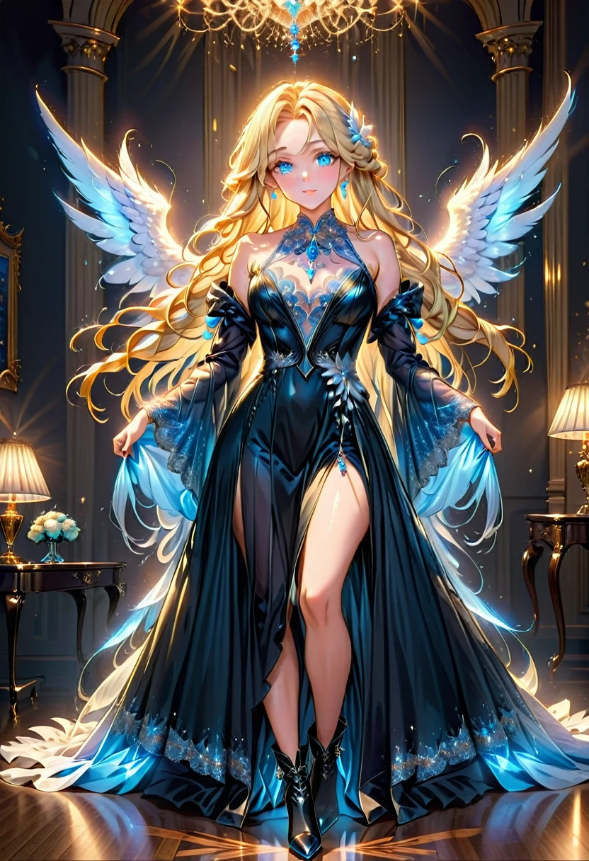 Arafed, a picture of a female angel in high society prom event, divine beautiful female angel, blond hair, long hair, flowing hair, the hair glows in a soft light, cerulean eyes, deep light eyes, divine beautiful face, folded white feather wings, she wears a black evening dress, elegant, intricate detailed dress, silk dress, she wears elegant high heeled boots, exquisite high heeled boots, high society prom room background, dynamic angle, soft torch light, (Masterpiece: 1.5), 16k, highres, best quality, high details, ultra detailed, masterpiece, best quality, (extremely detailed), AngelStyle, GlowingRunesAI_paleblue