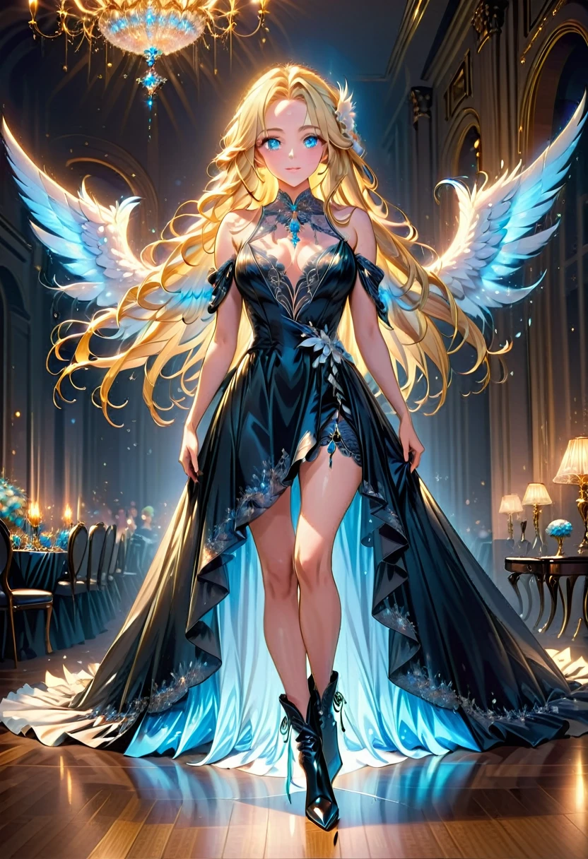 Arafed, a picture of a female angel in high society prom event, divine beautiful female angel, blond hair, long hair, flowing hair, the hair glows in a soft light, cerulean eyes, deep light eyes, divine beautiful face, folded white feather wings, she wears a black evening dress, elegant, intricate detailed dress, silk dress, she wears elegant high heeled boots, exquisite high heeled boots, high society prom room background, dynamic angle, soft torch light, (Masterpiece: 1.5), 16k, highres, best quality, high details, ultra detailed, masterpiece, best quality, (extremely detailed), AngelStyle, GlowingRunesAI_paleblue