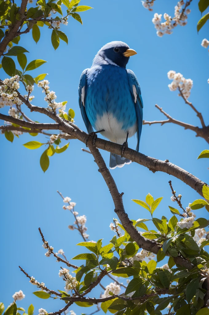 Create an image of a tree and a beautiful blue sky with a beautiful bird