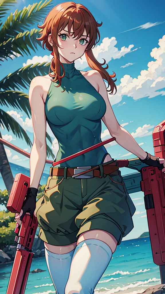 fingerless gloves, green shorts, belt, white thighhighs, sleeveless turtleneck, red leotard,water gun