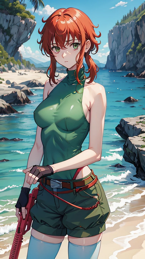 fingerless gloves, green shorts, belt, white thighhighs, sleeveless turtleneck, red leotard,water gun