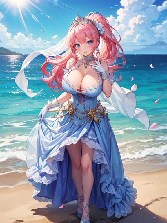 Moe anime art style:1.2 ,Super detailed ,best quality ,very aesthetic ,full body ,A young-looking princess ,Beautiful Eyes ,Embarrassed look ,A seductive face ,Beautiful Lips ,(Hair blowing in the wind ,Pink Hair ,Fluffy ponytail ,Curly Hair ,Expressive hair ,Very voluminous long hair) ,A silver tiara with glittering ornaments and sparkling jewels ,Crystal earrings with glittering gold embellishments ,A very luxurious jeweled hair ornament ,Long veil ,(Intricate and beautiful decoration and studded with luxurious jewels ,Voluminous full-length hoop skirt with gorgeous ruffles ,((crinoline)) ,Long race ,A gorgeous and beautifully embroidered and jeweled Rococo princess ball gown dress.) ,Silk gloves ,Open chest ,Textured skin ,Sweat on the skin ,Emphasized cleavage ,Huge boobs ,Big Breasts ,Nipples ,She is holding up her skirt with her left hand ,The tip of the index finger of the right hand is placed on the lips ,(Shining Light ,Fantasy ,The ocean stretches to the horizon ,Sunny blue sky outdoors) ,Standing on the shore ,Flowers ,Fluttering petals ,Petals flowing ,