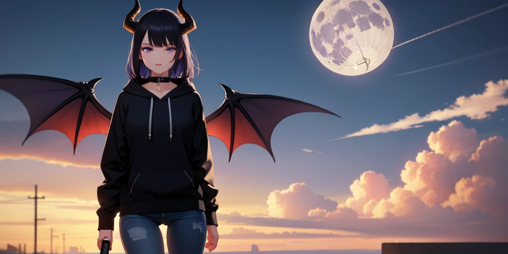 Beautiful woman, badass, sexy, holding katana, collar with bell around her neck, black jeans on her, black hoodie jacket on her, black and purple striped shirt under her hoodie, purple and black hair, dragon tail, dragon wings, black horns on head, large , shy expression, standing up, moon in background, outside, purple eyes, HD, 1080p, perfect quality, hyper realistic, detailed