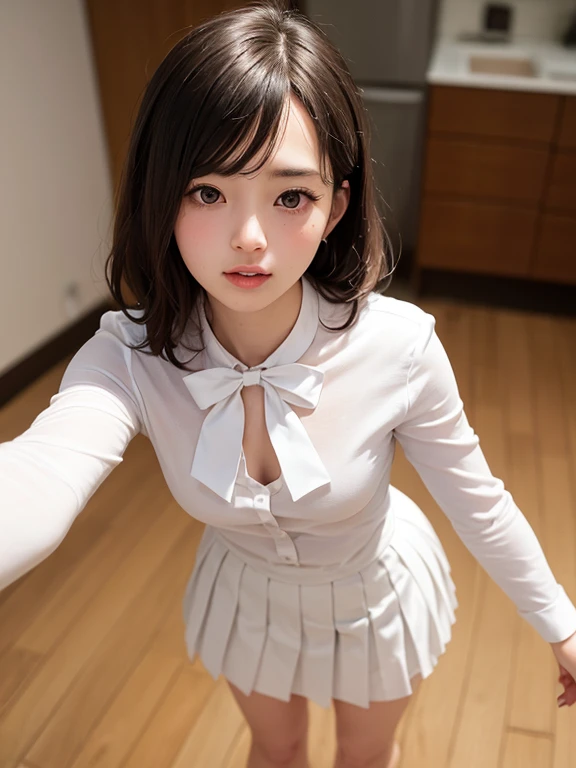 (masterpiece, best quality:1.4), 16k, 13yo,teen, beautiful japanese girl,bery cute face,85mm, official art, raw photo, absurdres,close up, nice hands,perfect hands,perfect fingers, violaceaess, gardeniass,bob cut,(small breasts:1.4),(very red blush:1.3),BREAK,very sad face,BREAK,slender body,thin legs,film grain, chromatic, sharp focus, facelight, clear lighting,detailed face, bokeh background,(ultra detailed business white blouse with collar:1.4),((white bowtie) blouse:1.4),(long sleeve:1.4),(ultra detailed white pleated miniskirt:1.5),in the room,(shot from below:1.5),(full body shot:1.5),are standing,(The best beautiful girl:1.5), (super cute:1.5), detailed face, front shot,in the room