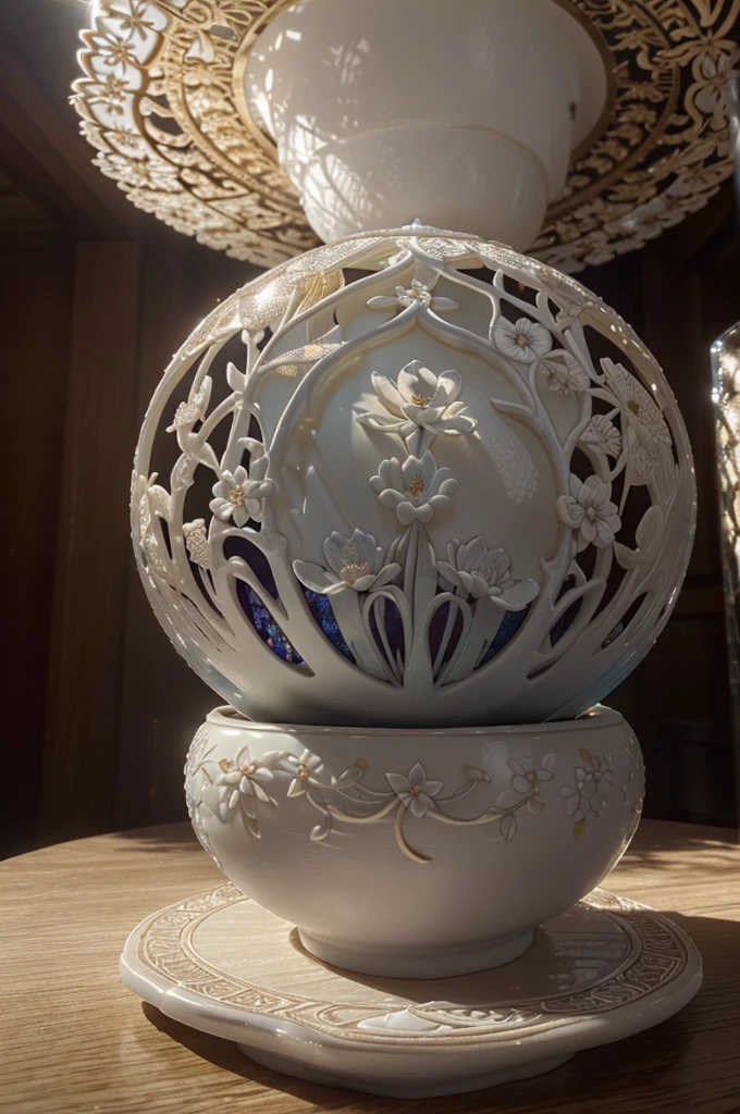 best quality, realistic, photorealistic, ultra detailed, "Mountain of Flower and Fruit+Fairy+Chinese Architecture" highly detailed carving on "southern ice" porcelain,Ultra wide angle,Accent Lighting,Volumetric Lighting,backlighting, (detailed light),((an extremely delicate and beautiful)),dramatic_shadow,ray_tracing,hdr