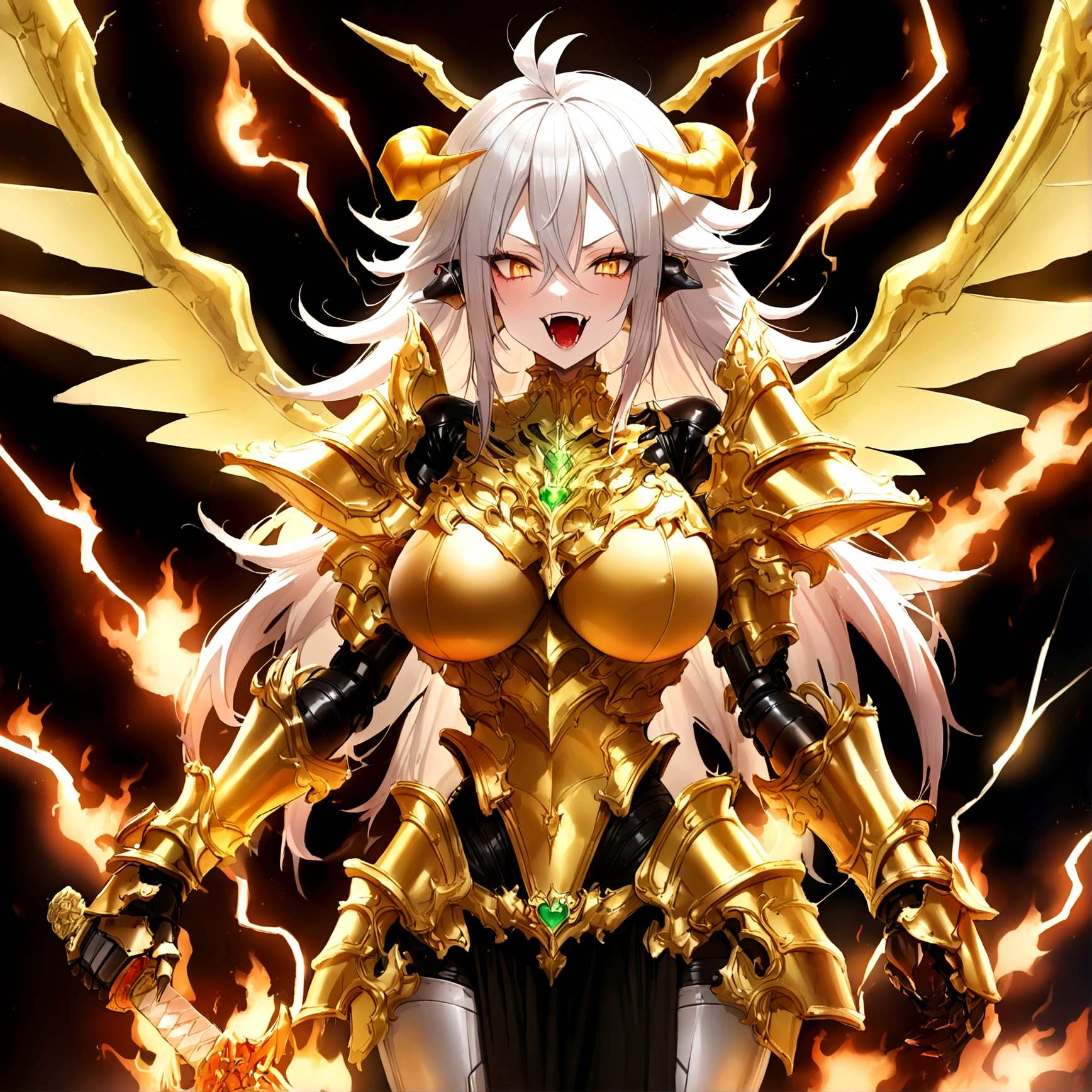 ((Lightning Power)), ((Electricity)), ((Fire Background)), ((Lightning Storm)), ((Power Erupting)),((((android 21 Evil)))), ((((Attack))),(((white Coat))), (((Busty))), (((((Big breast:1,3)))), luxury bustier corset, (((silver hair))), (((Very slim waist))), propotional body, ((Gorgeous)), (((gold wings))), masterpiece, hyperdetail, ambient effect, digital effect, (((Fangs))), (((FIRE SWORD)), (((Lightning Sword))), (((Fire Gold Armor))), (((Lightning Gold Wings))), (((Fire Blazing Horns)))