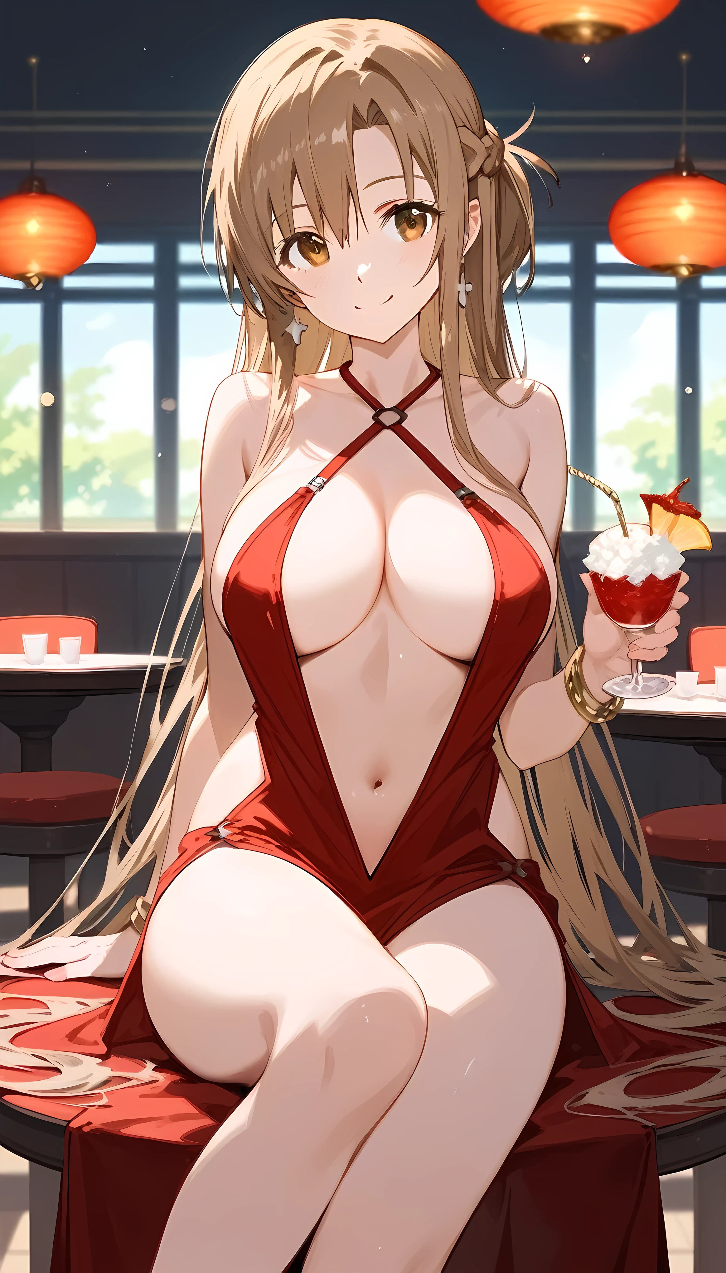 score_9,score_8_up,score_7_up,18 year old,1girl,asuna \(sao-alo\), sword art online,yuuki asuna,solo, brown eyes, brown hair, long hair, bangs, braid,sitting, holding cup, smile,large breasts,brown hair,parted hair,long hair,red dress,halter dress,plunging neckline,center opening,cleavage,navel,earrings,bracelet,restaurant,