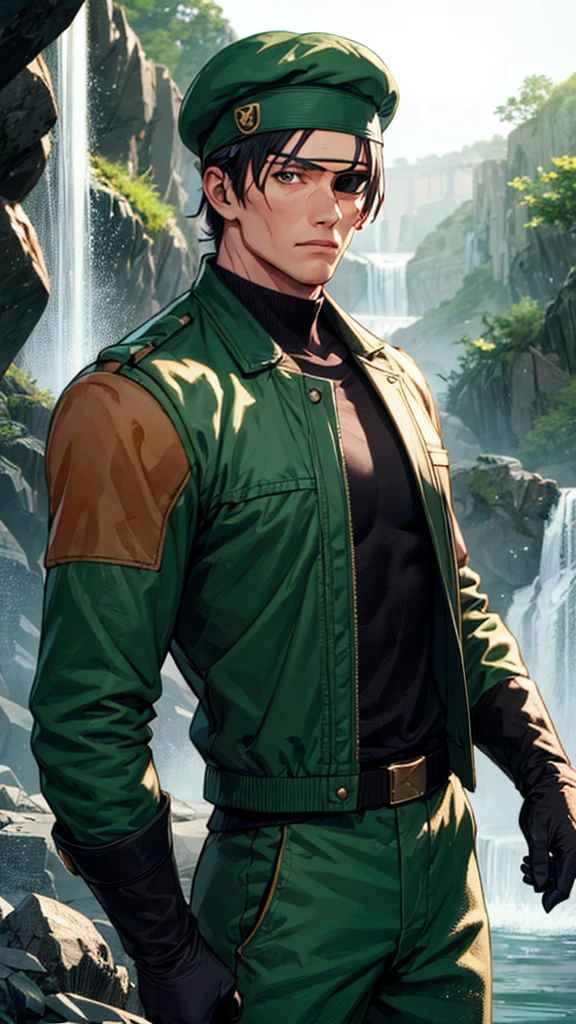 heidern,1guy,eye patch,beret,at the waterfall,green uniform,hands behind back,black shirt,standing,cowboy shot,long sleeves,gloves,masterpiece,highres,sharp focus,cinematic lighting,detailed face,detailed eye,