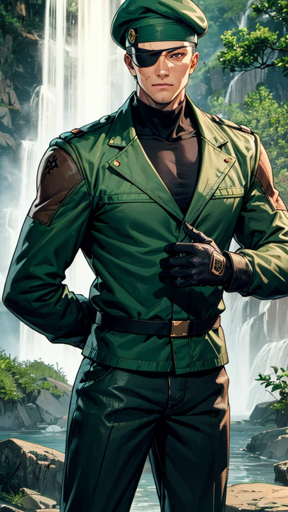 heidern,1guy,eye patch,beret,at the waterfall,green uniform,hands behind back,black shirt,standing,cowboy shot,long sleeves,gloves,masterpiece,highres,sharp focus,cinematic lighting,detailed face,detailed eye,