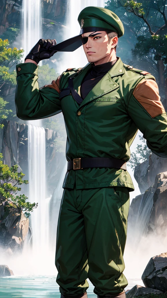 heidern,1guy,eye patch,beret,at the waterfall,green uniform,hands behind back,black shirt,standing,cowboy shot,long sleeves,gloves,masterpiece,highres,sharp focus,cinematic lighting,detailed face,detailed eye,