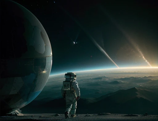 The astronaut wearing space suit is walking on the planet observing an alien structure , fotografia de Corpo completo imagem de corpo inteiro. Environment overview.