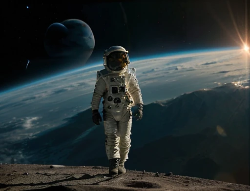 The astronaut wearing space suit is walking on the planet observing an alien structure , fotografia de Corpo completo imagem de corpo inteiro. Environment overview.