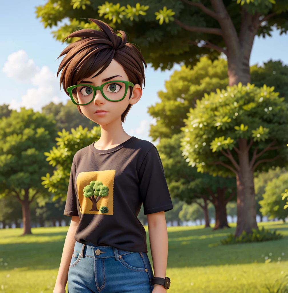 punk girl wearing glasses and a dark shirt, blurred green grass and trees in the background, short brown hair, detailed face, high quality, high resolution