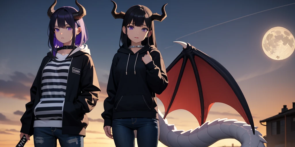 Beautiful woman, badass, sexy, holding katana, collar with bell around her neck, black jeans on her, black hoodie jacket on her, black and purple striped shirt under her hoodie, purple and black hair, dragon tail, dragon wings, black horns on head, large , shy expression, standing up, moon in background, outside, purple eyes, HD, 1080p, perfect quality, hyper realistic, detailed