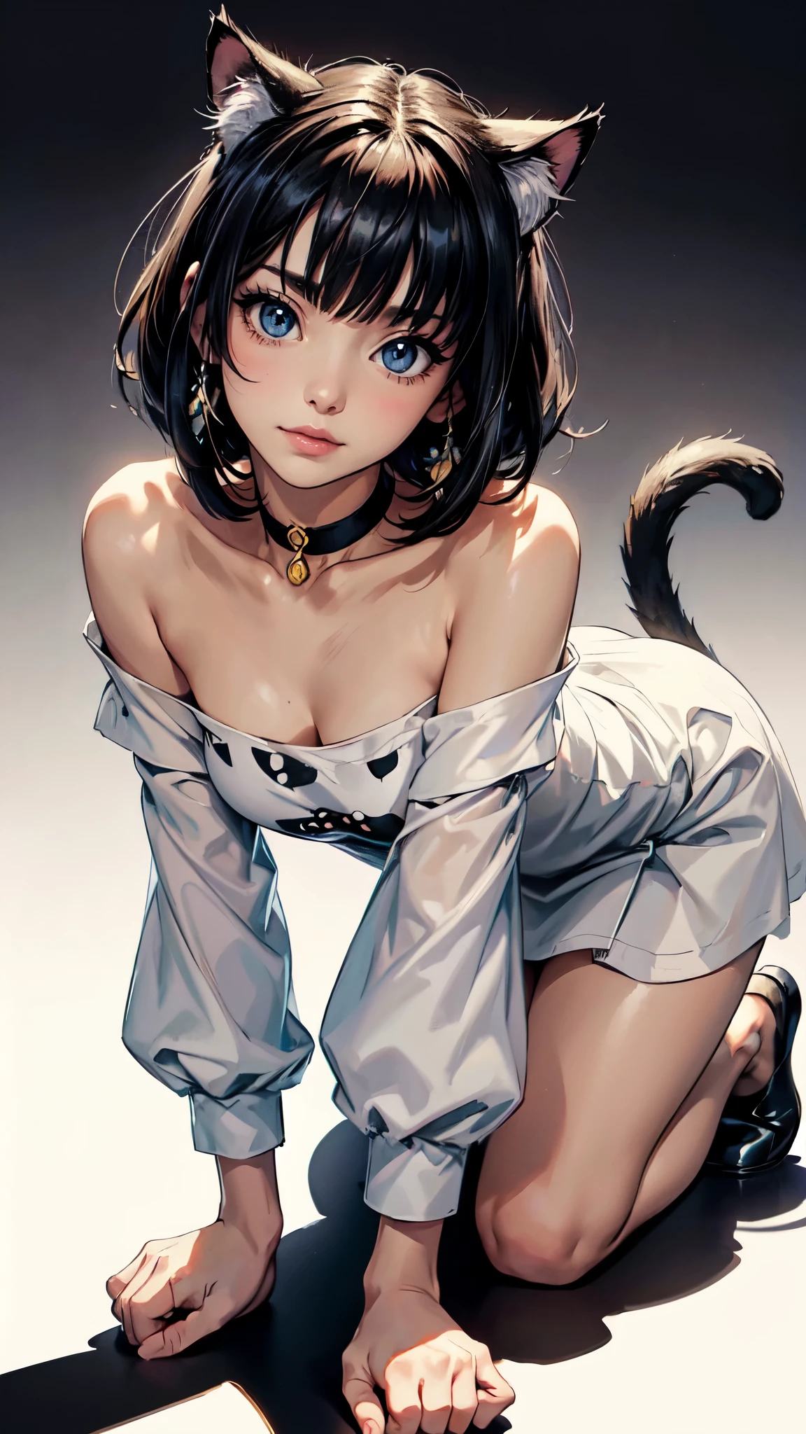 (highest quality, masterpiece, High resolution)、(anime art)、cinematic light、soft light、two girls、black hair、Black cat costume、White Cat Costume、Tabby cat costume、Striped cat costume、Persian Cat Costume、(3-color cat costume)、(loose t-shirt)、loose shirt、off shoulder、sexy mini dress、(Cat ear)、bob cut、semi-long、bun hair、hair ornaments、choker、Cute face details、enchanting smile、small breasts、whole body、(cat pose)、((crawl on all fours))、beckoning、playing、dance、Cat jarashi、Crackers popping、 Decoration、((white background))、 , detailed eyes, detailed hands, detailed face
