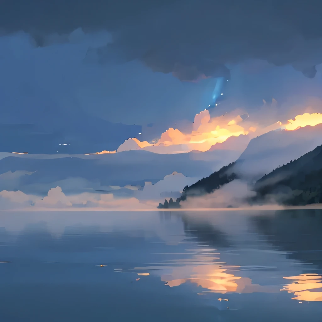 Vast blue lake with a blue morning sky, lakeside with lighthouse, huge clouds, lake, ((misty)), (fog)