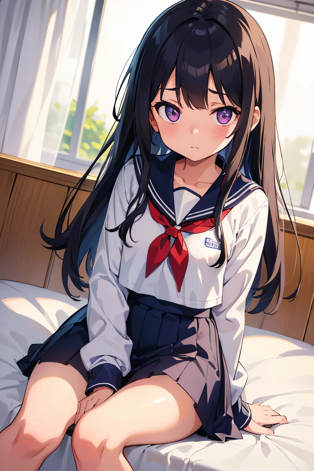 Elementary school girl, , flat chest, black hair, long hair, purple eyes, embarrassed expression(One person) White sailor suit on the upper half, navy blue miniskirt on the lower half White panties((I can see her panties))White socks Sitting on the bed Dynamic Angle Low - Angle