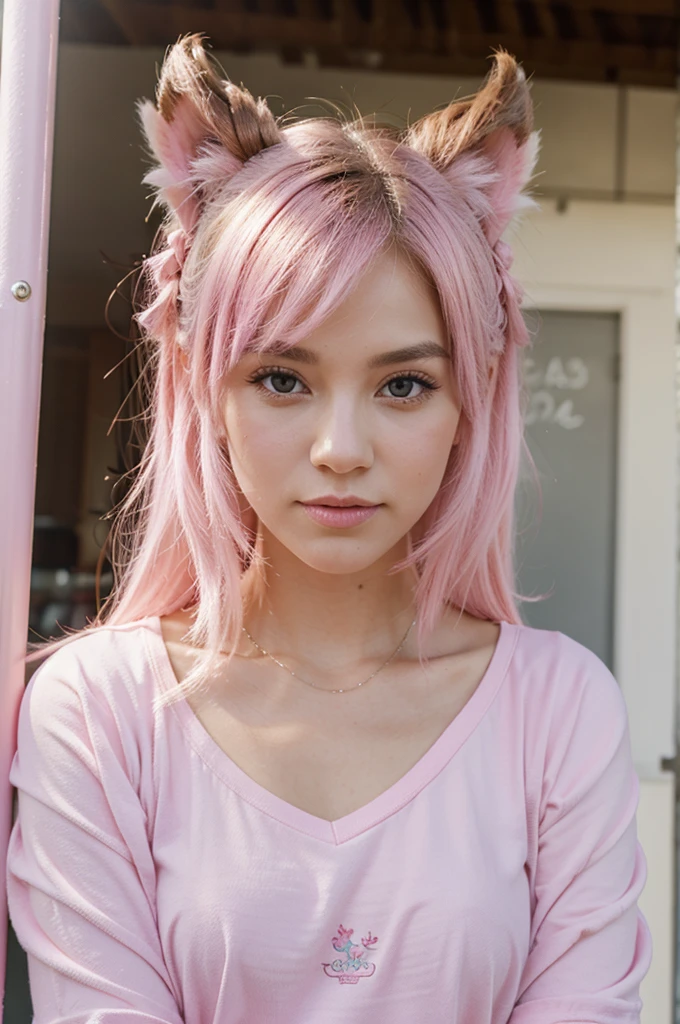 anime style, a closeup of a cartoon of a woman with ears and rabbit tail, with rabbit tail, with rabbit ears, girl design, mara, portrait, giesha, anime image, long hair, pink hair, hair covering ears, happy, polished and powerful look, exotic, tall