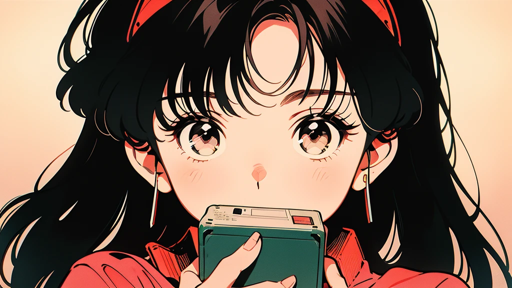 A picture of a girl in anime style holding a cassette tape. The girl has big eyes, black hair, and wears a red hairband. The cassette tape is red and she holds it up in front of her face. The background is simple and the main focus is on the girl and the cassette tape.