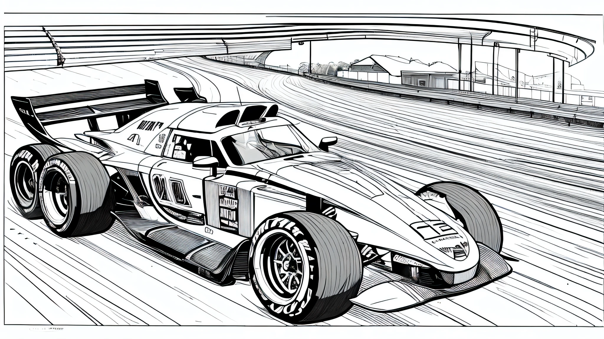 Coloring book page, beautifully drawn, black and white, car racing on a track, simple line, illustration, ink drawing, very prominent thick outlines, clean lines, line drawing, clipart. A car is moving along the road, another one is catching up behind it. In the background - stands and scoreboard.