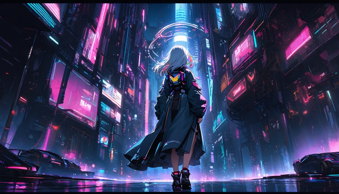 Handsome cute, Solitary, 1 female, Medium Length Hair, white hair, Rainbow hair, blue Eyes, Rainbow headphone, dress, Futuristic, Cyberpunk, Cybernetics panoramic, in the night, from behind