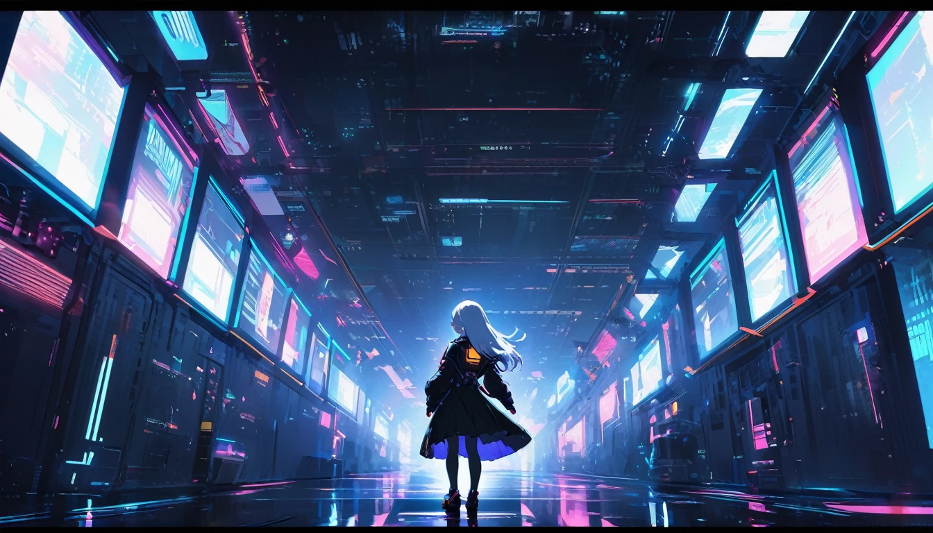 Handsome cute, Solitary, 1 female, Medium Length Hair, white hair, Rainbow hair, blue Eyes, Rainbow headphone, dress, Futuristic, Cyberpunk, Cybernetics panoramic, in the night, from behind