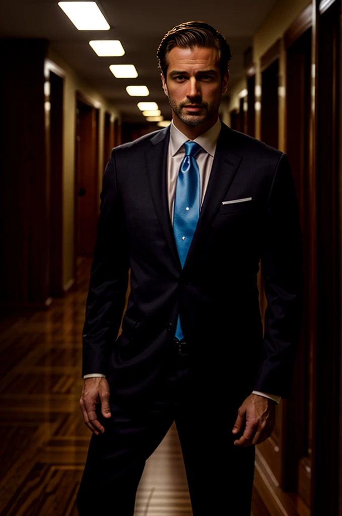 a Man standing with 30 years in suit and tie, body and head straight in the photo, facing the viewer of the photo, eyes fixed to the lens, appears shoulders and head in the photo, man centered in the photo, 8k, best quality, masterpiece, realistic, realistic photo, movie photo, ultra realistic, 1 person, detailed, perfect lighting, DSRL, professional photo, 4k