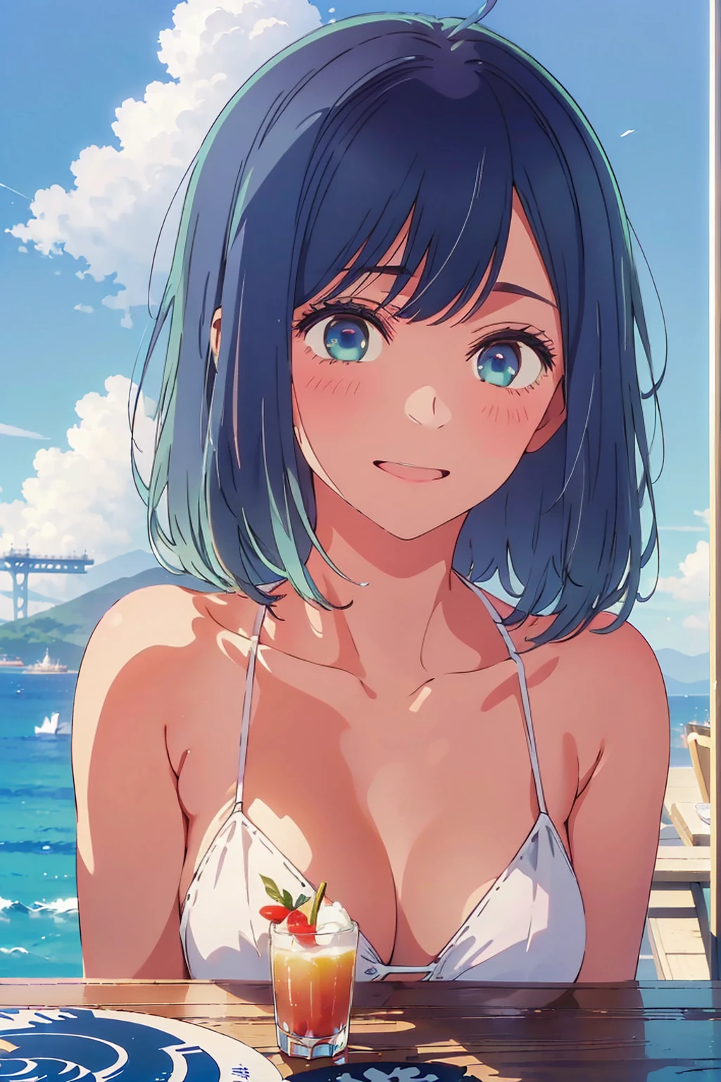 Highest quality,8k,detailed,F cup bust、Big Breasts、Slim and beautiful arms、Slim body、Very white beautiful skin、((((1 person、smile、Thin white bikini、smile、sit、In the background are the urban buildings of Tokyo、Outdoor café terrace、Drink juice、Cheek resting on hand、coastal、table、looking at the camera、Very cute face、Looking up、Shooting from a distance、Navy hair color))))、Sexy pose、Very blue sky、A completely cloudless sky、She tilted her head slightly、The atmosphere is bright and lively、The woman is at the center of the image。