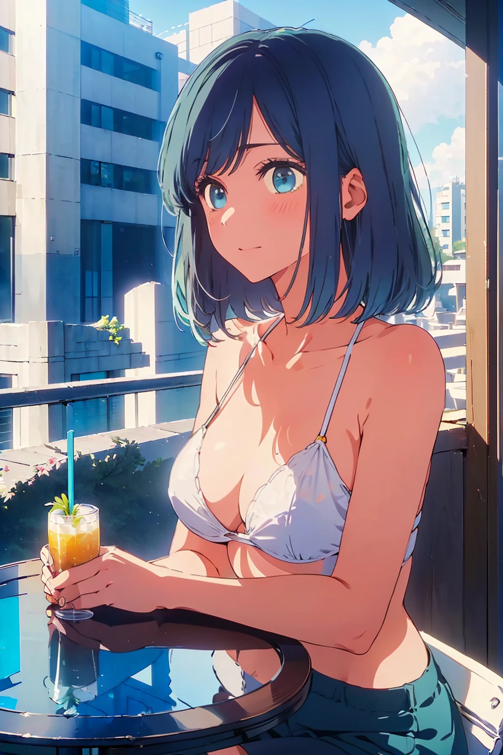 Highest quality,8k,detailed,F cup bust、Big Breasts、Slim and beautiful arms、Slim body、Very white beautiful skin、((((1 person、smile、Thin white bikini、smile、sit、In the background are the urban buildings of Tokyo、Outdoor café terrace、Drink juice、Cheek resting on hand、coastal、table、looking at the camera、Very cute face、Looking up、Shooting from a distance、Navy hair color))))、Sexy pose、Very blue sky、A completely cloudless sky、She tilted her head slightly、The atmosphere is bright and lively、The woman is at the center of the image。