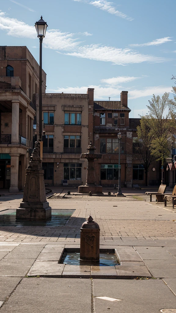 Desolate Town Square: An empty town square, with an old, rusted fountain that no longer flows. Benches and lampposts are covered in rust and decay, evoking a sense of lost community.