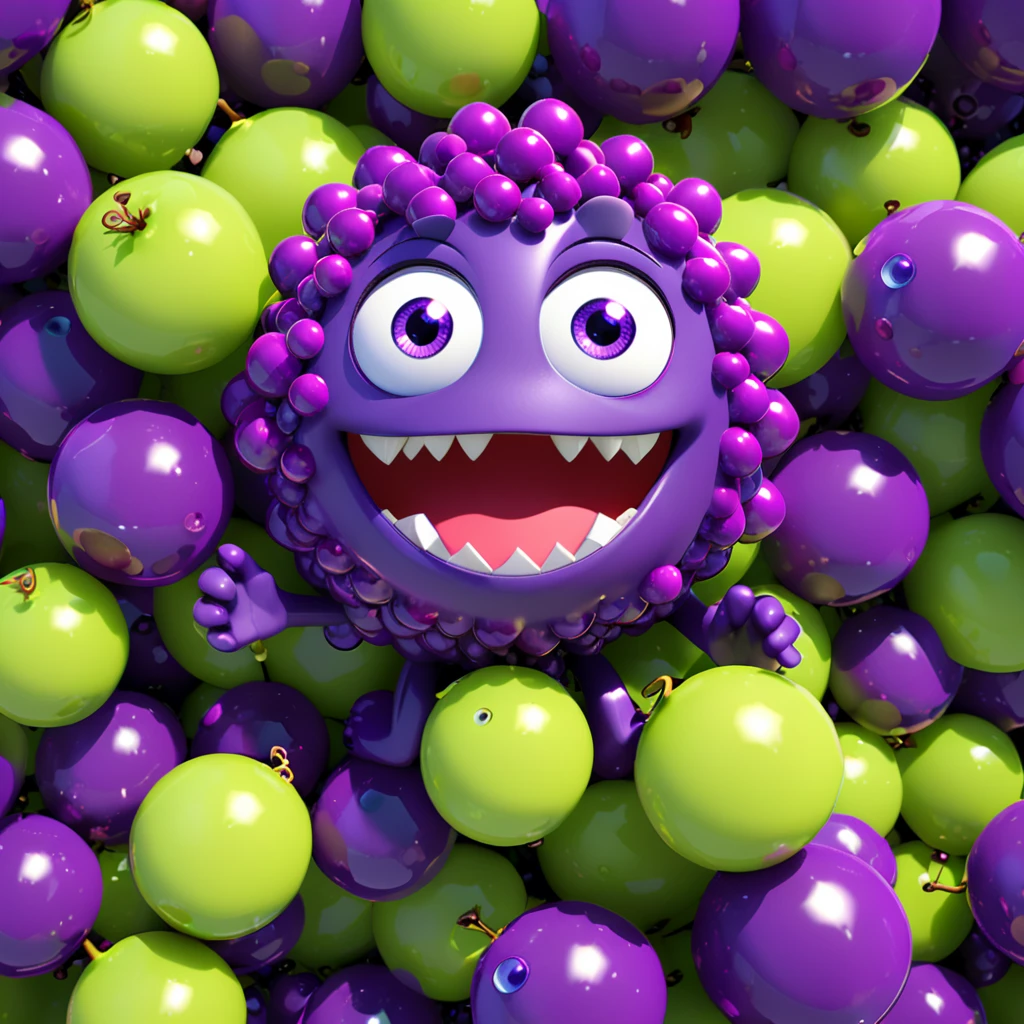 A cute grape monster with big eyes and a body made of many small purple spheres, happily smiling. The cartoon character is designed in the style of Pixar animation studio, created using C4D software. It has an adorable purple color scheme and showcases a playful expression. This vibrant scene adds humor to your mobile phone wallpaper. --ar 1:1 --v 6.0 --3D render