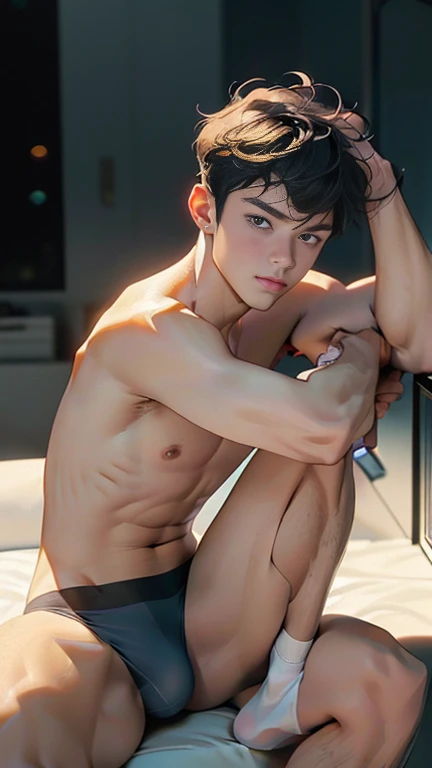 1 boy，((Best quality, 8 k, ultra - detailed, chedevr: 1.3)), 1 boy, Radiant & Radiant Skin, spicy, Perfect body beauty, Realistic ideal body shadow, (cute :1.1),("scantily clad,large bulge ":1.2),(dynamic poses:1.1), upper legs , (convex focus:1.2) ,sat down