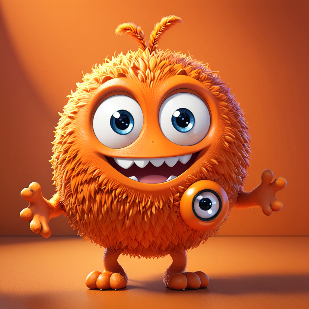 A cute orange monster with big eyes and a round orange body, happily smiling. The cartoon character is designed in the style of Pixar animation studio, created using C4D software. It has an adorable orange color scheme and showcases a playful expression. This vibrant scene adds humor to your mobile phone wallpaper. --ar 1:1 --v 6.0 --3D render