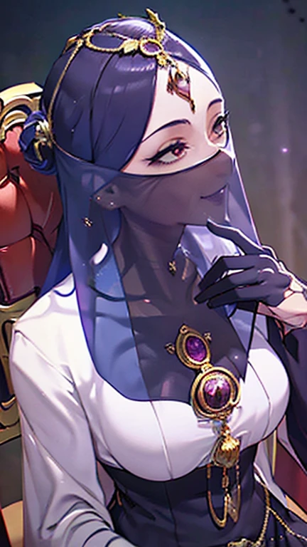 Mature Woman,((Beautiful and mysterious fortune teller)),(((A veil covering the mouth,Long gloves,Cape,Sexy Costumes))),(Detailed Description, High resolution，8k wallpaper，masterpiece，Highest quality,Depth of region,Anatomically accurate depiction,A face with attention to detail, Eye for detail,Nice hands, Perfect Fingers,eyelash,(Unfocused eyes,Seductive Gaze,There is cleavage in the chest,A seductive smile,Large Breasts,Purple lips),(From above:1.1),Perfect body,Fantastic Light,background：Inside a dimly lit church,(((disaster々A large, round crystal ball that emits a bright black light))),Depict the whole body,Front view,Magical atmosphere