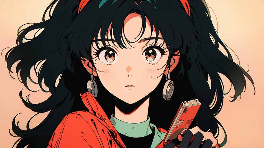 A picture of a girl in anime style holding a cassette tape. The girl has big eyes, black hair, and wears a red hairband. The cassette tape is red and she holds it up in front of her face. The background is simple and the main focus is on the girl and the cassette tape.
