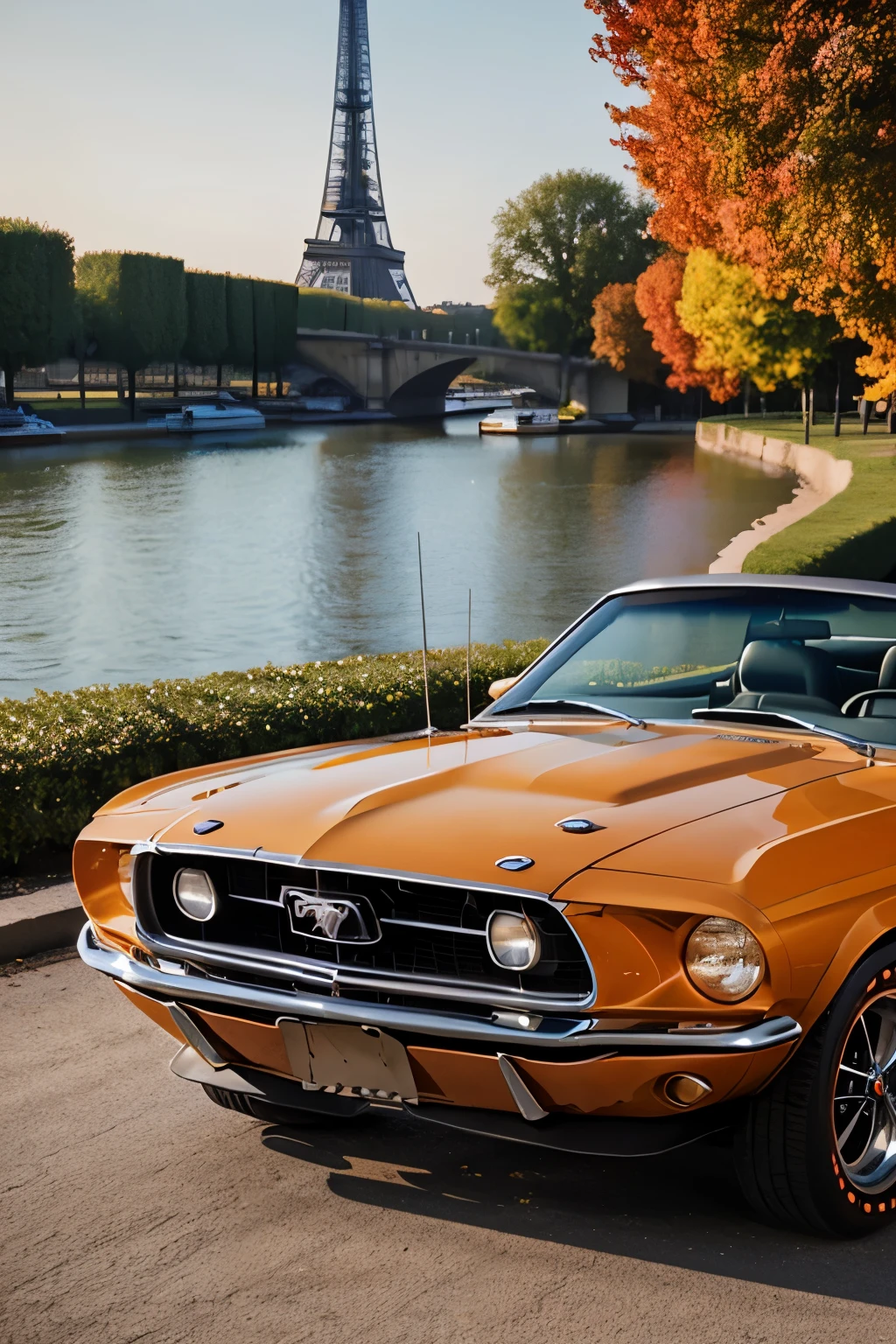 1969 ford mustang convertible, burnt orange with grey racing stripes, back drop daybreak in paris France