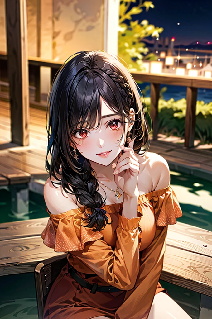 (masterpiece:1.3, Highest quality), Ultra-high resolution, Super detailed, (Realistic, photoRealistic:1.4), Beautiful illustrations, Perfect lighting, colorful, Depth of written boundary,
View your viewers, (Face Focus, Upper Body), 1 Girl, alone, Beauty Witch, Improve, (Large Breasts:0.8, Big Ass, Captivating thighs, Skin Dentition),
(Mid-length hair:1.2, Straight hair:1.2), Black Hair, bangs, braided bangs, Brown eyes, Droopy eyes, Part your lips, Shiny skin,
Beautiful Hair, Beautiful Face, Highly detailed face, Beautiful attention to detail, Beautiful clavicle, Beautiful body, Beautiful breasts, Beautiful thighs, Beautiful feet, Beautiful fingers,
(Detailed cloth texture, (Long sleeve ruffle off-shoulder orange shirt), High waist tight skirt, belt), garnet necklace,
(Beautiful views), night, (Shoulder strap, Modern), (Chair), (A seductive smile),