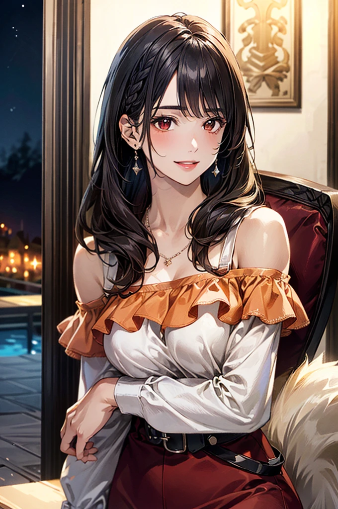 (masterpiece:1.3, Highest quality), Ultra-high resolution, Super detailed, (Realistic, photoRealistic:1.4), Beautiful illustrations, Perfect lighting, colorful, Depth of written boundary,
View your viewers, (Face Focus, Upper Body), 1 Girl, alone, Beauty Witch, Improve, (Large Breasts:0.8, Big Ass, Captivating thighs, Skin Dentition),
(Mid-length hair:1.2, Straight hair:1.2), Black Hair, bangs, braided bangs, Brown eyes, Droopy eyes, Part your lips, Shiny skin,
Beautiful Hair, Beautiful Face, Highly detailed face, Beautiful attention to detail, Beautiful clavicle, Beautiful body, Beautiful breasts, Beautiful thighs, Beautiful feet, Beautiful fingers,
(Detailed cloth texture, (Long sleeve ruffle off-shoulder orange shirt), High waist tight skirt, belt), garnet necklace,
(Beautiful views), night, (Shoulder strap, Modern), (Chair), (A seductive smile),