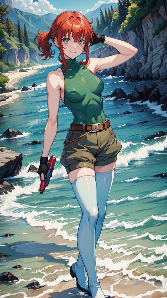 fingerless gloves, green shorts, belt, white thighhighs, sleeveless turtleneck, red leotard,aiming water gun,wink,smile,