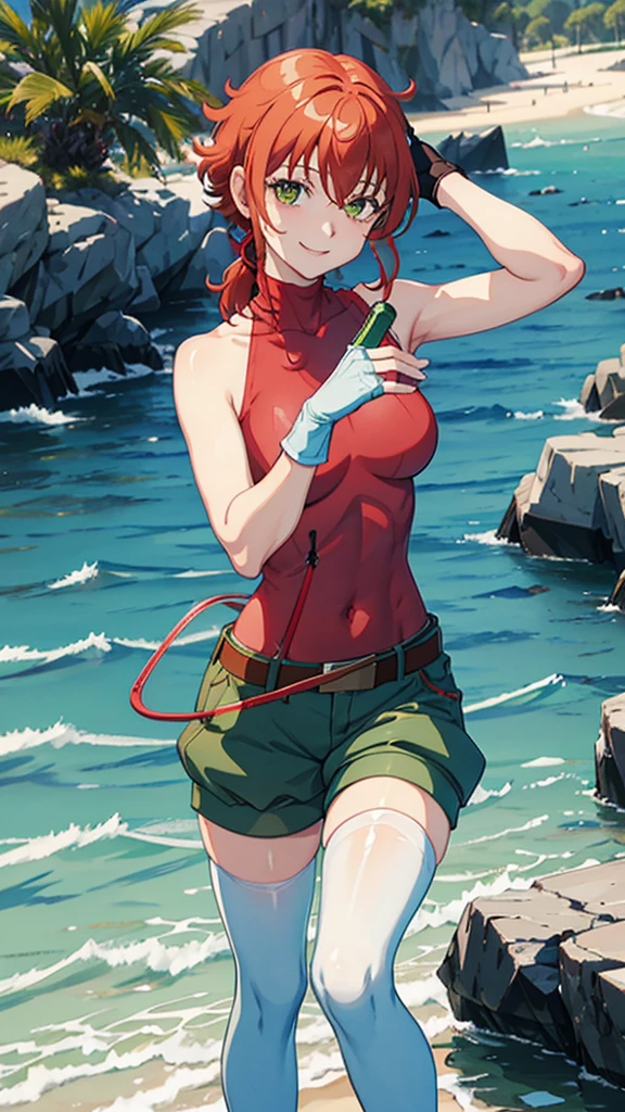 fingerless gloves, green shorts, belt, white thighhighs, sleeveless turtleneck, red leotard,aiming water gun,wink,smile,