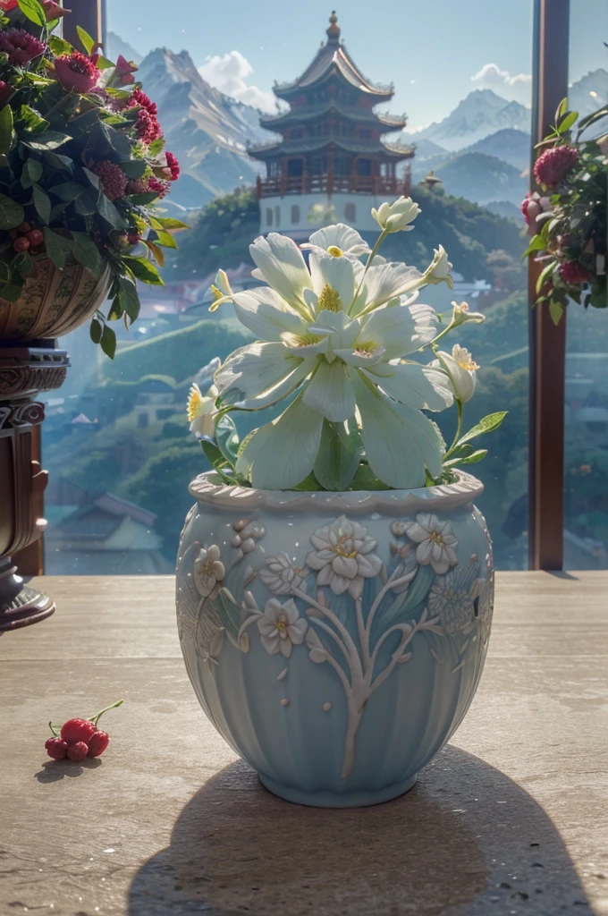 best quality, realistic, photorealistic,  ultra detailed, "Mountain of Flower and Fruit+Fairy+Chinese Architecture" highly detailed carving on "southern ice" porcelain,Ultra wide angle,Accent Lighting,Volumetric Lighting,backlighting, (detailed light),((an extremely delicate and beautiful)),dramatic_shadow,ray_tracing,hdr