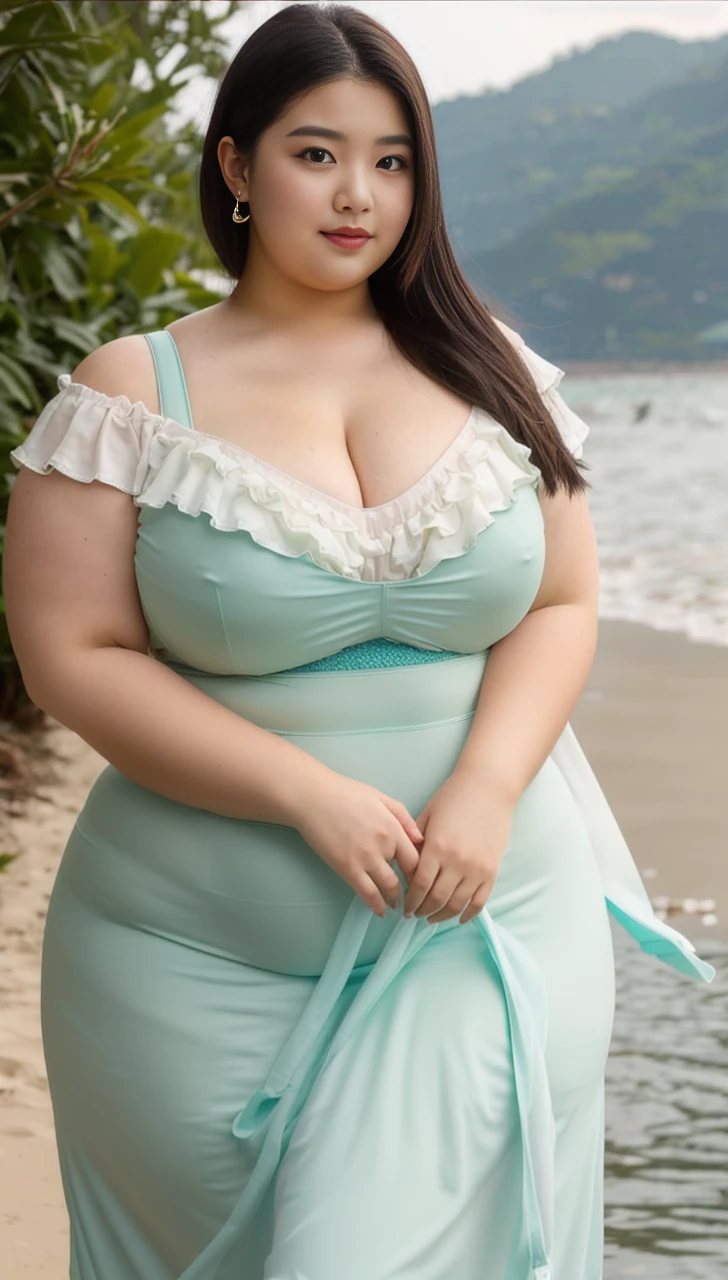 ((best quality)), ((masterpiece)), (detailed), perfect face, araffeTight skirtsShort , thicc, wavy short hair, she has a jiggly fat round belly, bbwchan, wearing tight simple clothes, skinny waist and thick hips, widest hips, her belly is fat and round, soft curvy shape, hyperrealistic full figure, wearing a cute top, wide hips, Blue swimsuit,On the beach by the seaBlue