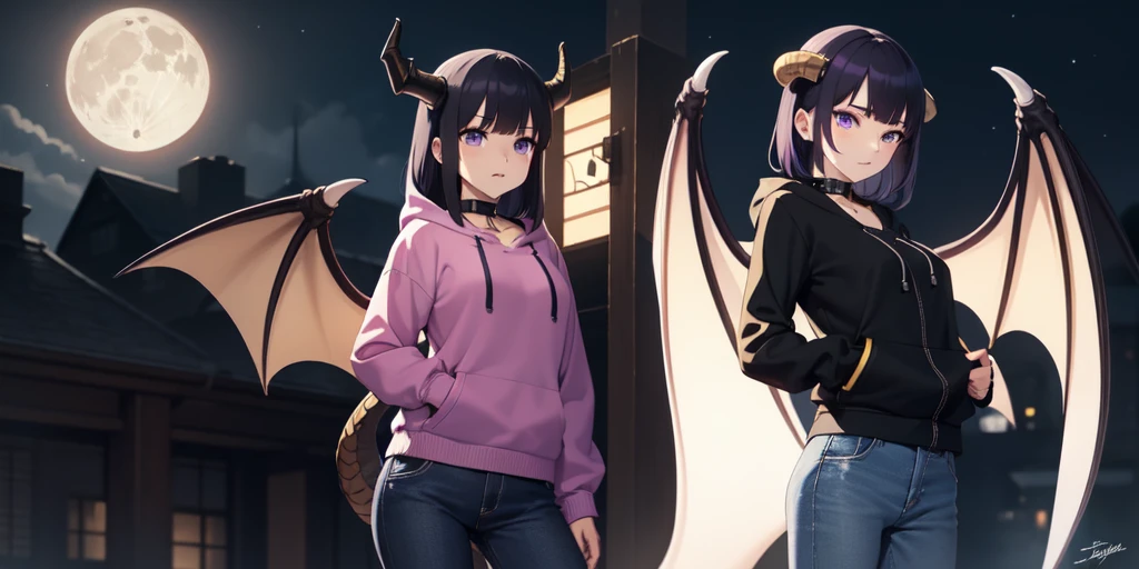 Beautiful woman, badass, sexy, holding katana, collar with bell around her neck, black jeans on her, black hoodie jacket on her, black and purple striped shirt under her hoodie, purple and black hair, dragon tail, dragon wings, black horns on head, large , shy expression, standing up, moon in background, outside, purple eyes, HD, 1080p, perfect quality, hyper realistic, detailed