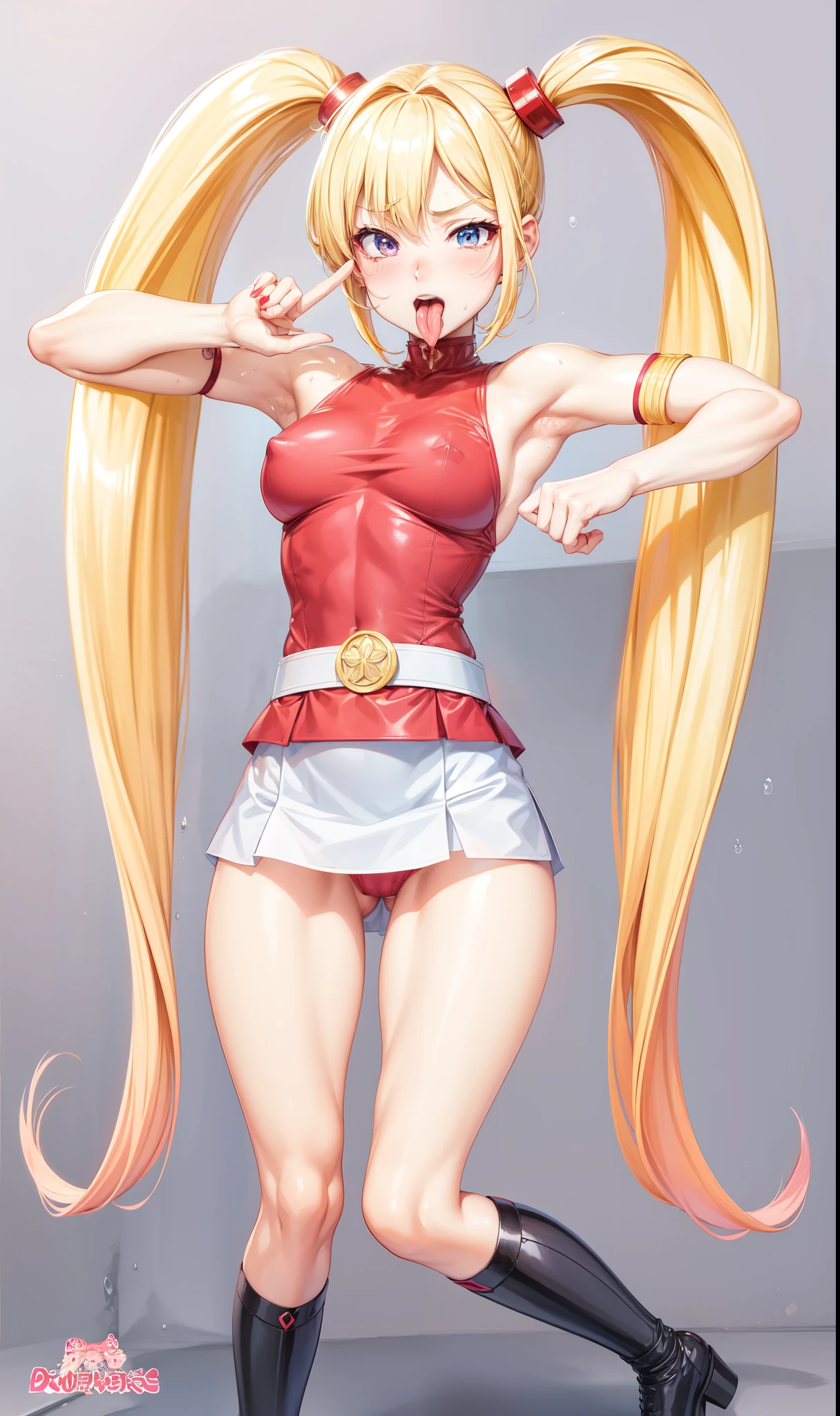 Blonde twin-tailed Japanese girl、Female Combatant、Close-up of a girl wearing a red tank top、White Skirt、Pink Panties、Black fishnet stockings、Black shiny boots、Saiyan Girl, wonderful, Nano Girl, Female body type, Inspired by Hiromu Arakawa, Anime Manga Robot!! Anime Girls, Fubuki, Full Body Suit, by Hiromu Arakawa、wonderful, silk, Beautiful and attractive anime , Anime Girls of the future, tears,Drooling,Pee,Sweat,Tongue out,incontinence,Peeing、Estrus、Eyes wide open,Estrus,Blushing,Nipples are erect,Face is hot、Lust、incontinence、Armpit Hair、pubic hair、Nipples are erect、One sword and two cuts、Doomsday Demon、Red lips、Red tongue、Sticking out tongue、Her skirt is flipped up、Panty shot、Pink Pantiesが見えている!