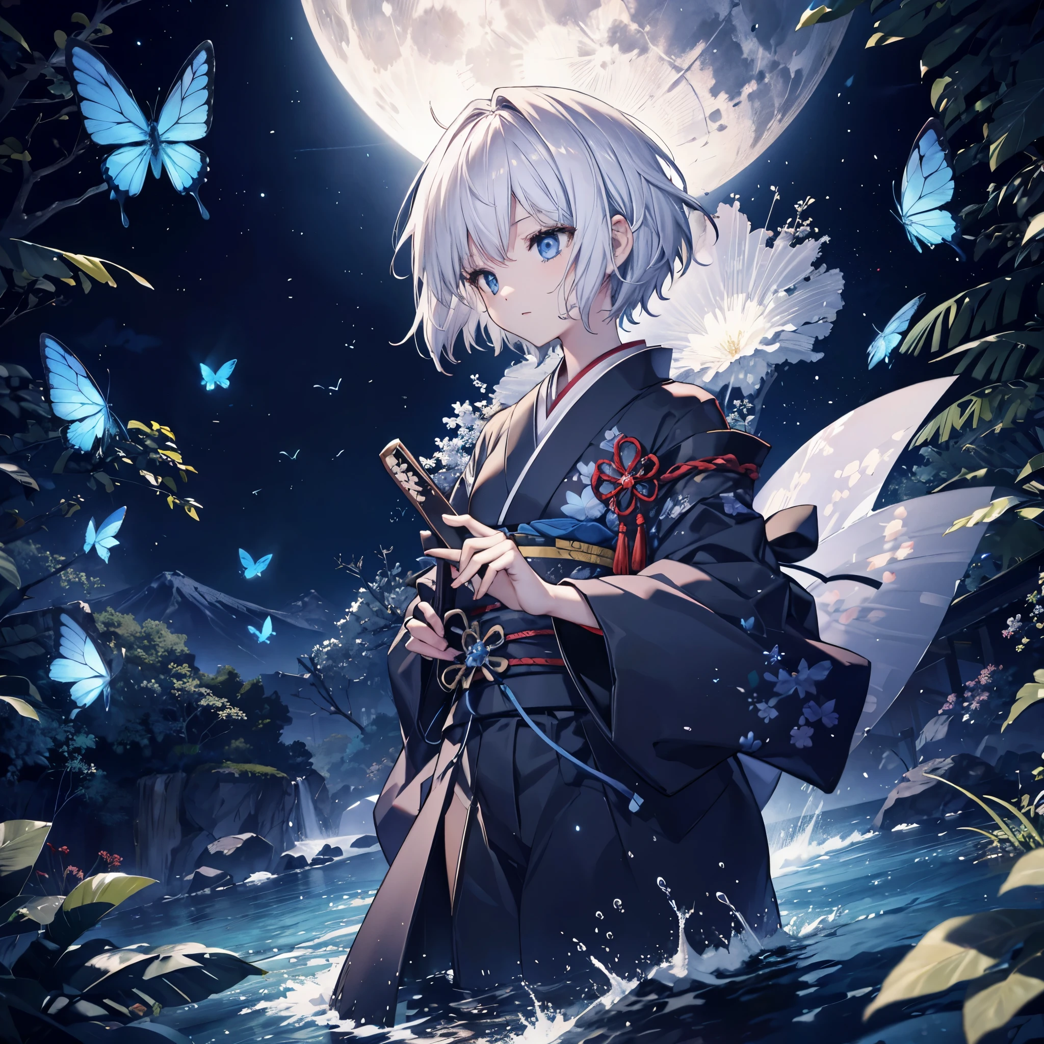 (((1 person))) ((High resolution Gray Hair short hair Black kimono Shoulder)) ((Black Band military commander Lonely despair blue eyes)) ((Blue Butterfly night Japanese style old Shining Aura garden water surface)) (dance 日本knife knife Slashing) moon star Draw your sword Slashing Catch the wind